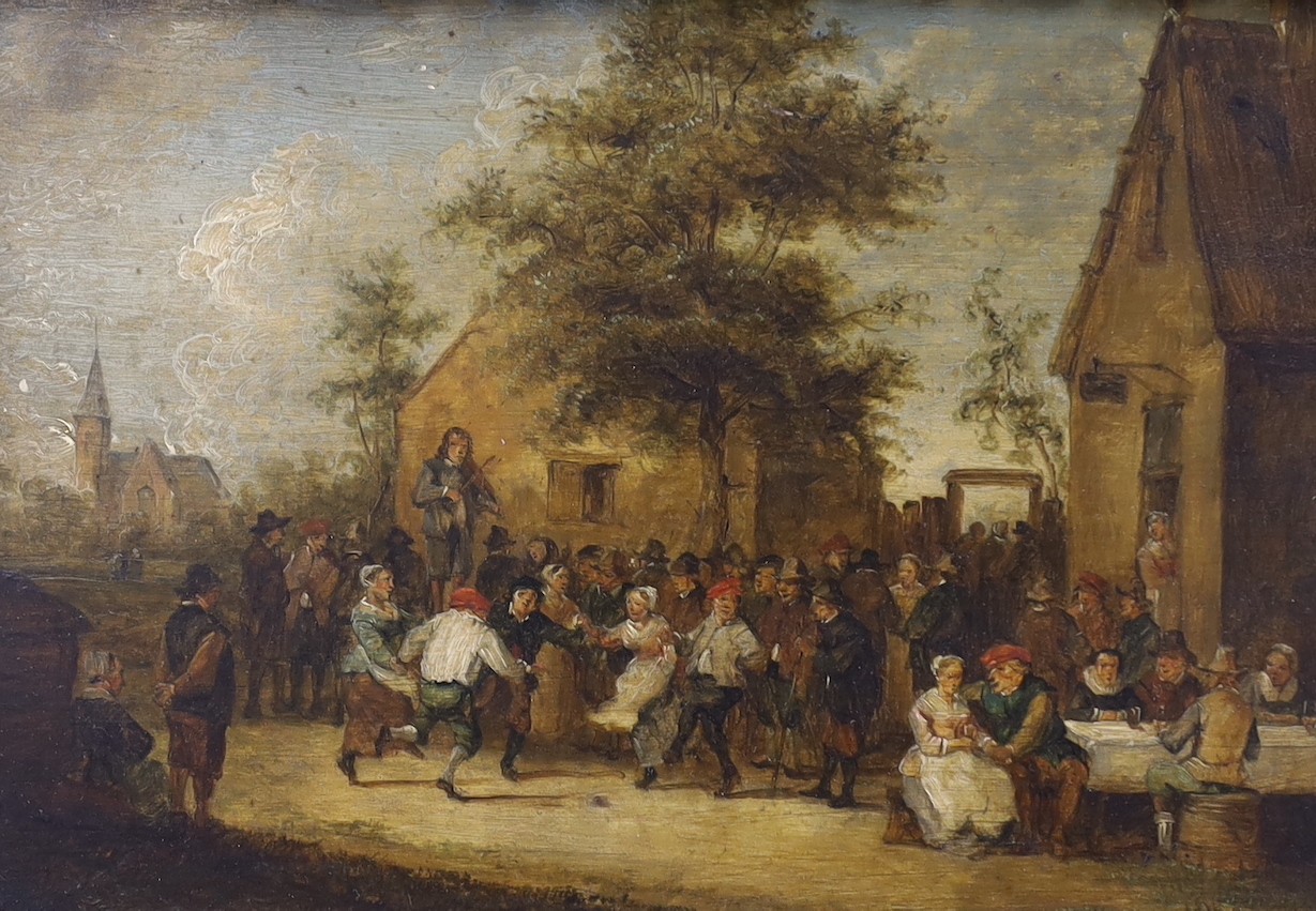 After David Teniers The Younger (1610-1690), oil on oak panel, Revellers beside a tavern, 14 x 20cm